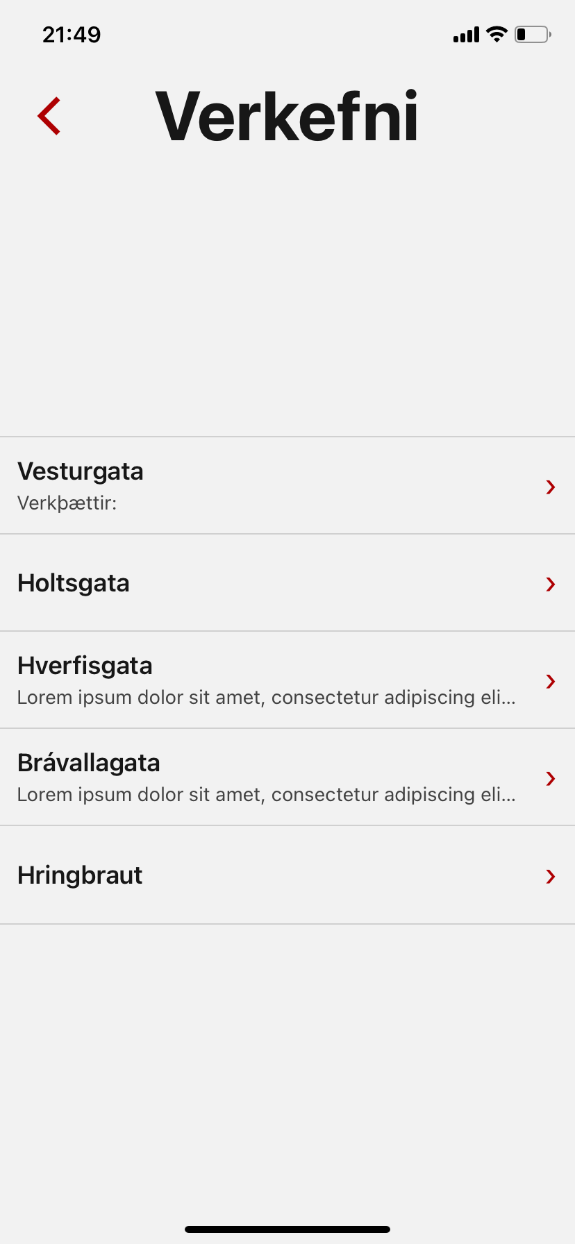 App skjár sem sýnir lista yfir öll tiltæk verkefni.