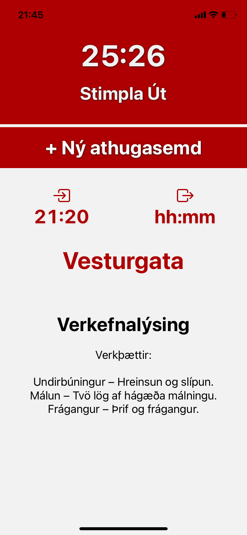 App skjár sem sýnir verkefnalýsingu þegar stimplað er inn á verkefni.