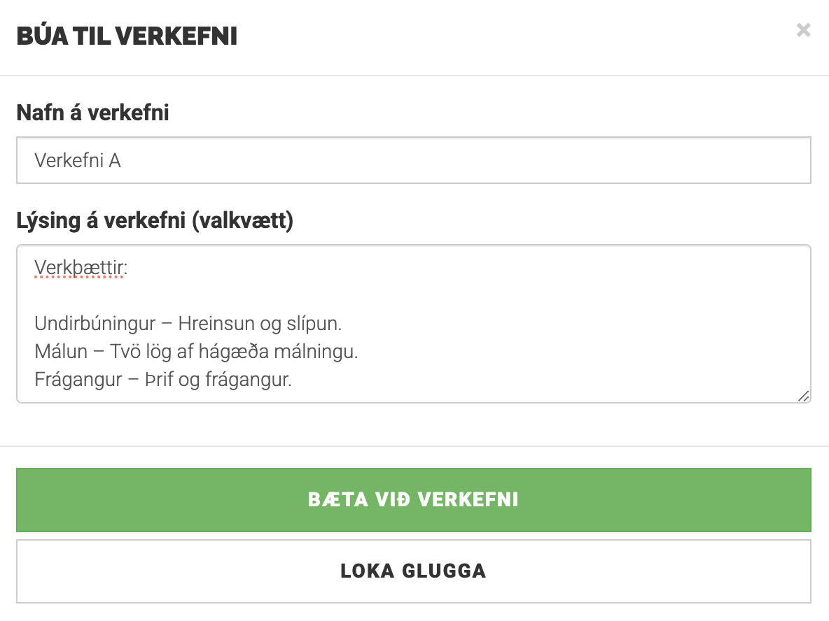 Gluggi sem sýnir stofnun á nýju verkefni með reitum fyrir heiti verkefnis og lýsingu